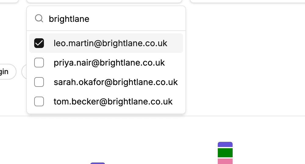 The Users filter open, searched for brightlane, with leo.martin@brightlane.co.uk ticked and three more brightlane users listed