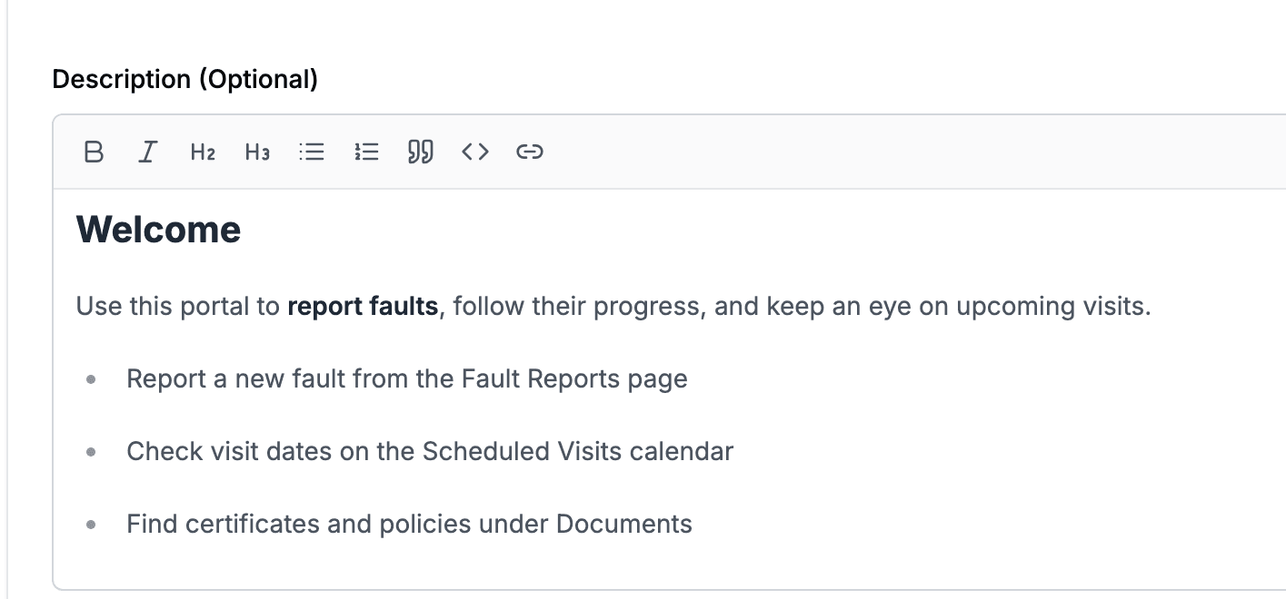 The description editor in the Design tab, with a formatting toolbar and a welcome message using a heading, bold text and a bulleted list