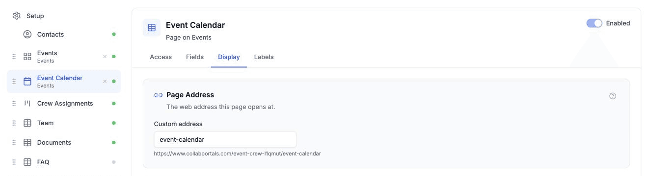 The Page Address section on a page's Display tab, with event-calendar typed as the custom address and the full address shown underneath