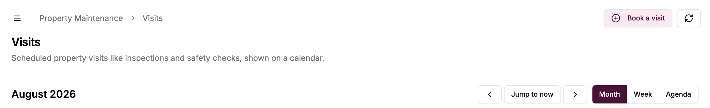 A portal Visits calendar page with a Book a visit button, and a view switcher reading Month, Week and Agenda alongside a Jump to now button