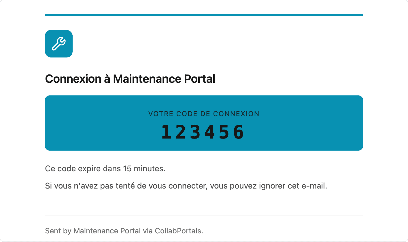 A branded login code email in French, headed Connexion à Maintenance Portal, with the code caption Votre code de connexion above the code