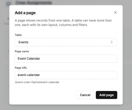 The Add a page dialog with Events picked as the table, Event Calendar typed as the page name, and event-calendar filled in as the page URL