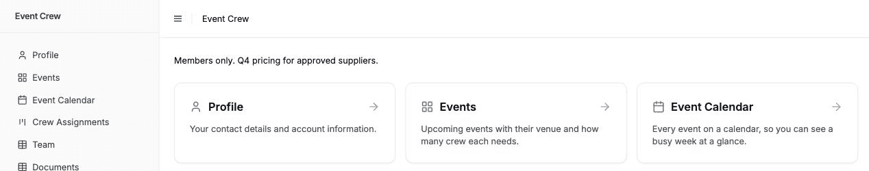 A portal home page with cards for Profile, Events and Event Calendar, each with its own description