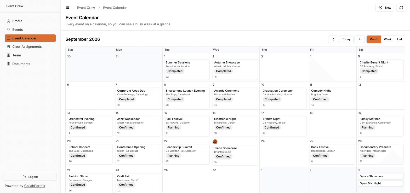 An event crew portal with Events and Event Calendar in its sidebar, both built on one Events table, with the calendar page open on September
