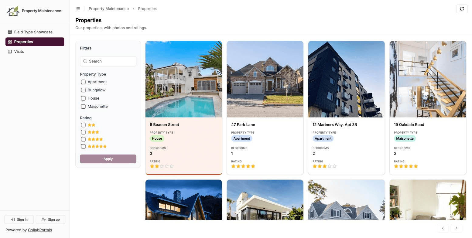 A public property portal opened without signing in, showing a gallery of properties with photos, type, bedrooms and rating, a filter panel, and Sign in and Sign up buttons at the bottom of the sidebar