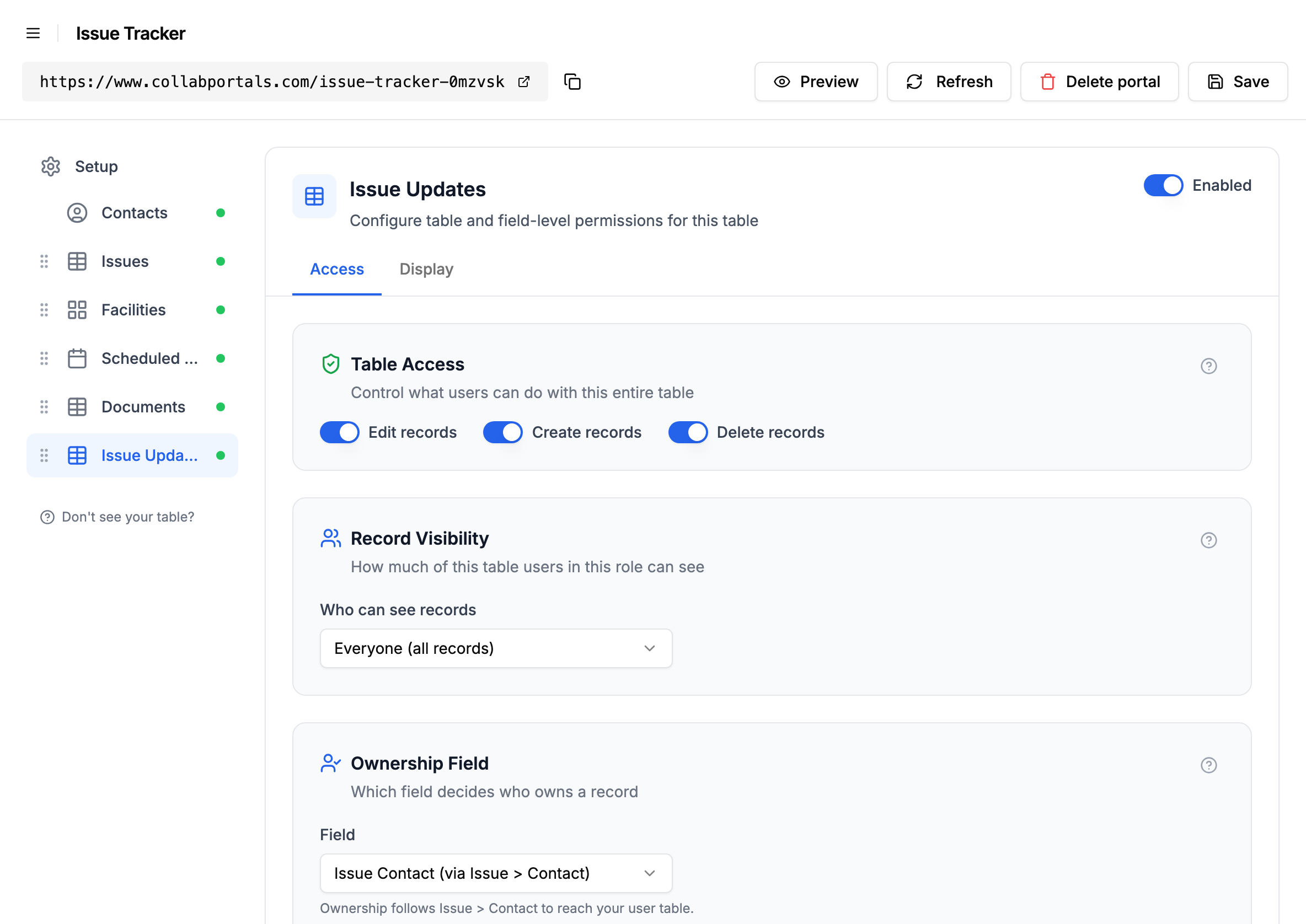 The Ownership Field dropdown on a table's Access tab, with a lookup field selected and a note reading Ownership follows Issue then Contact to reach your user table