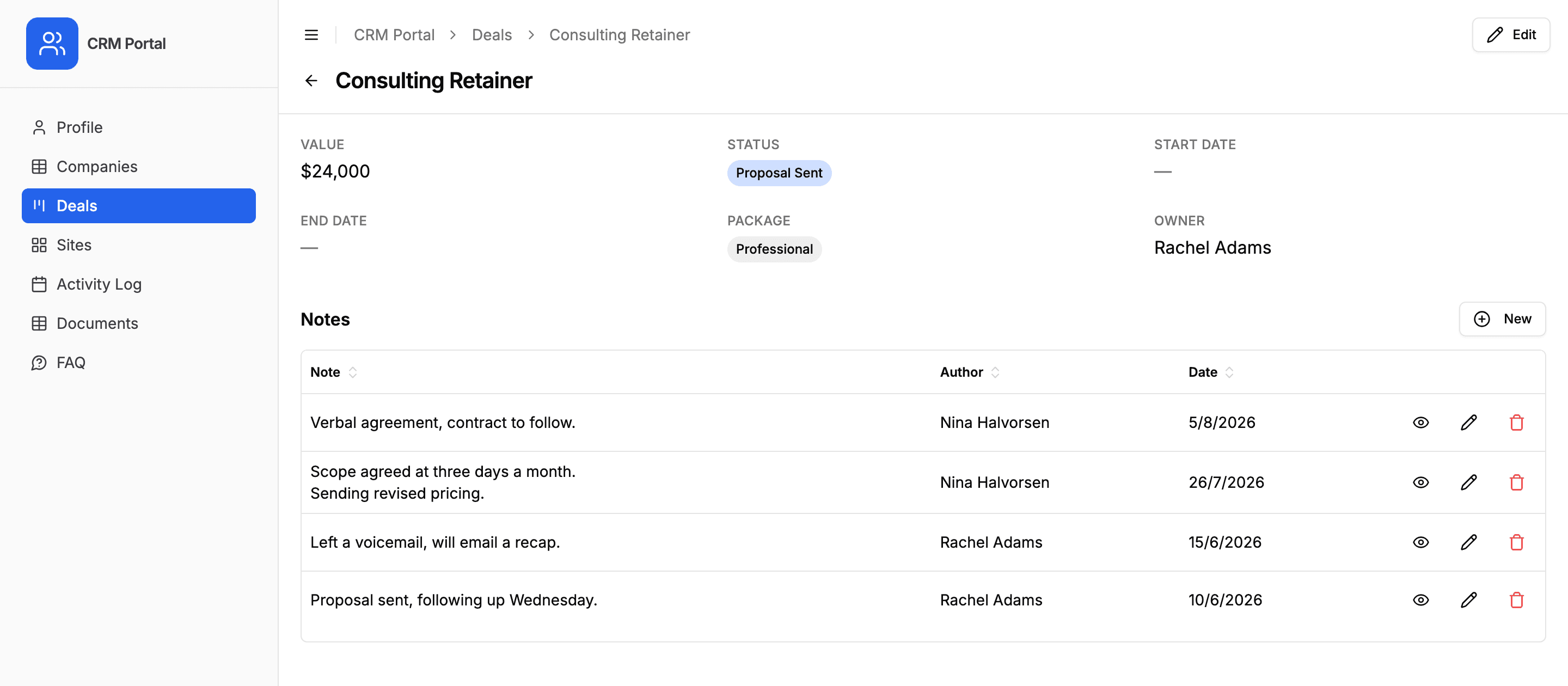 A Consulting Retainer deal in a CRM portal, its six fields in two rows, Value, Status, Start Date, End Date, Package and Owner, above a Notes section listing that deal's four notes as a table with a New button