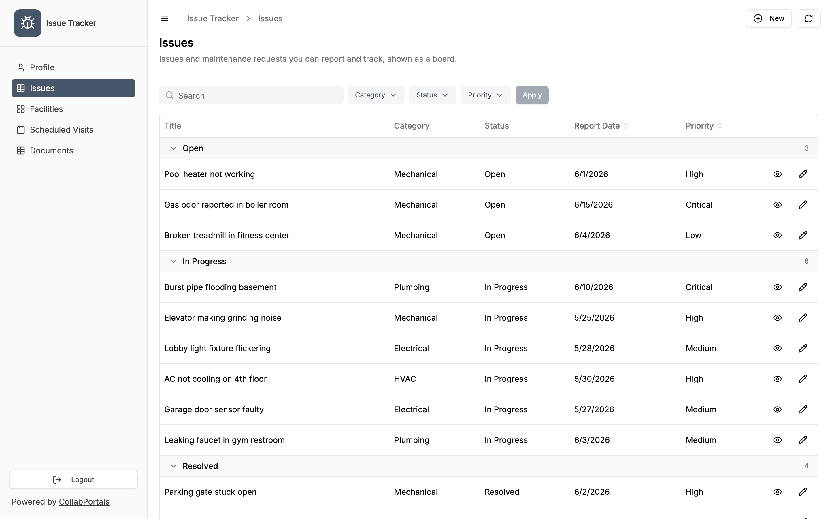 An issue tracker portal grouped by Status, with collapsible Open, In Progress and Resolved headers each showing a record count