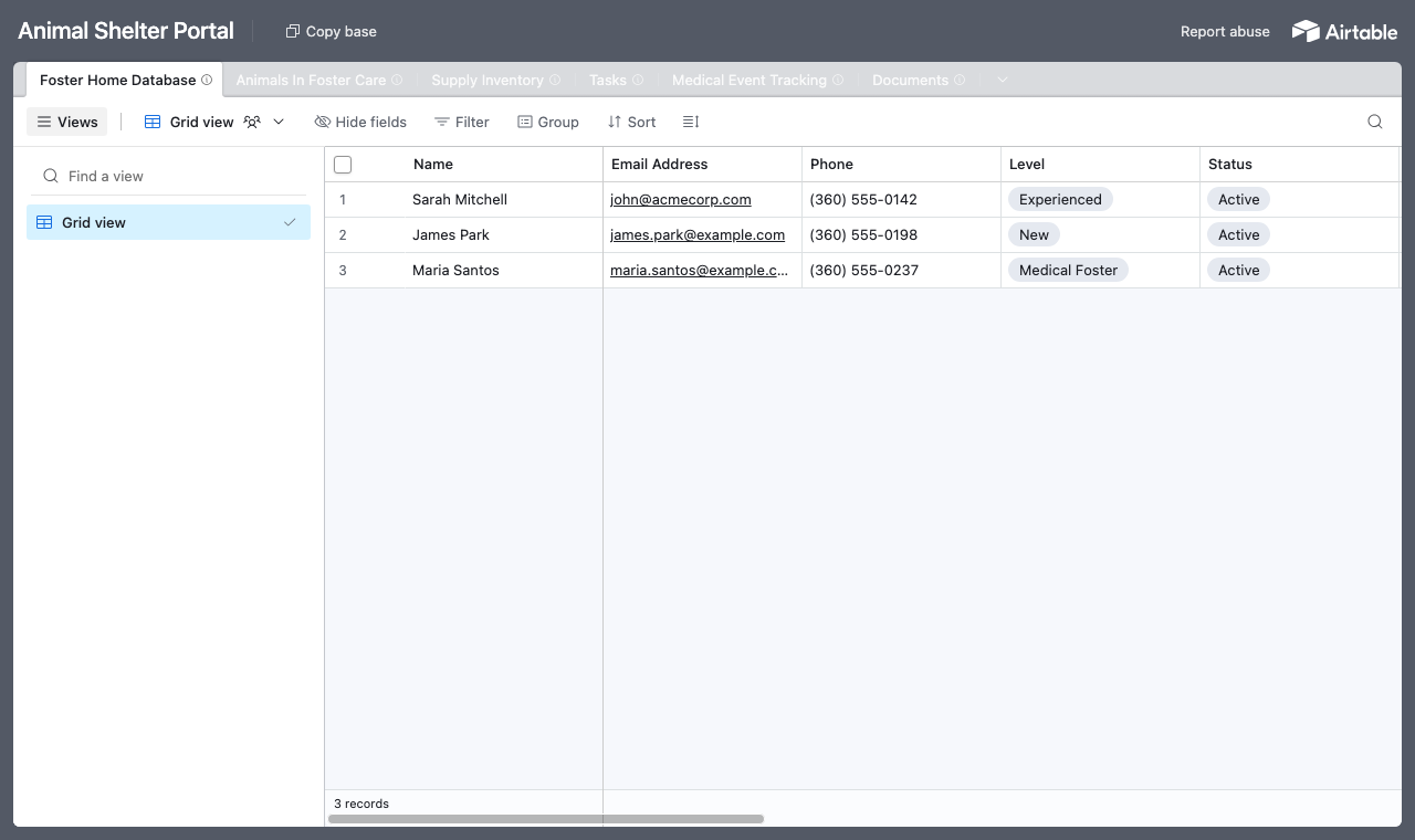 The Animal Shelter Airtable base with tables for animals, medical events, supply inventory, tasks and the foster home database