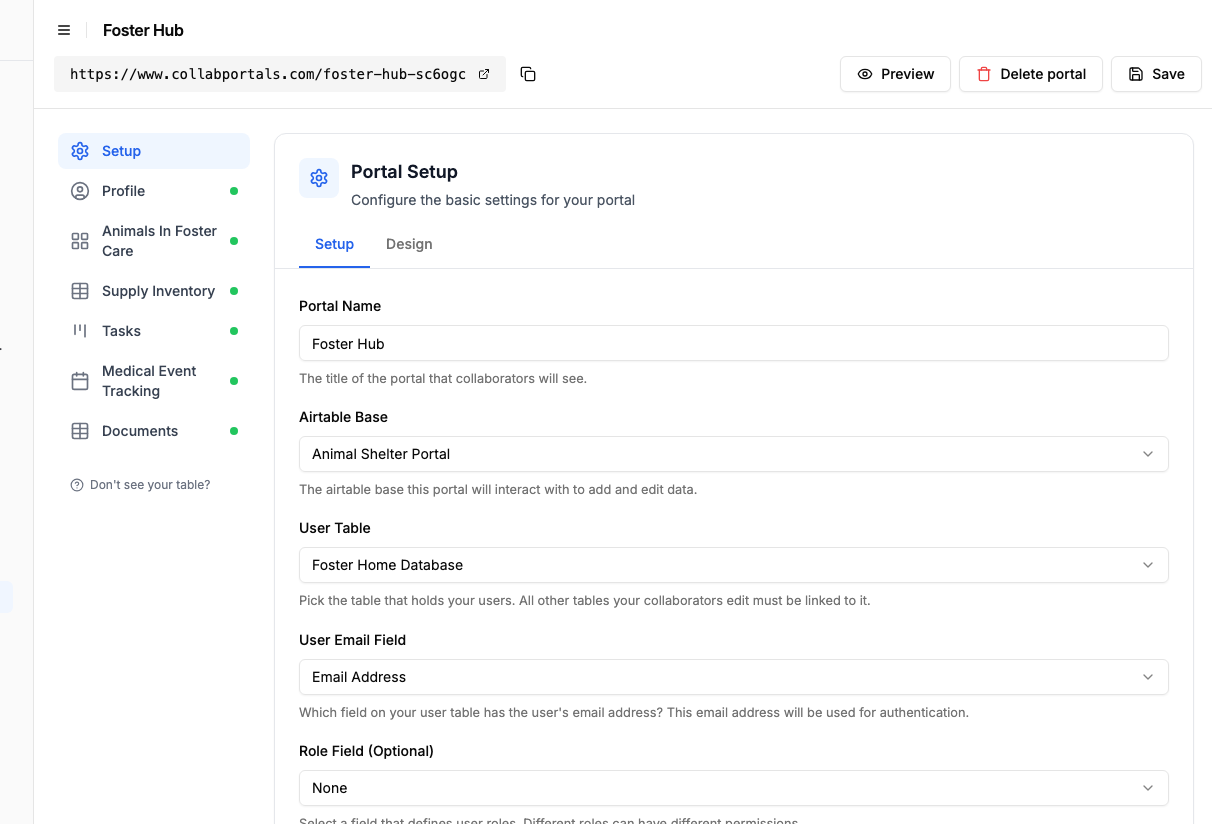 Portal setup screen with the Animal Shelter base and the Foster Home Database user table selected
