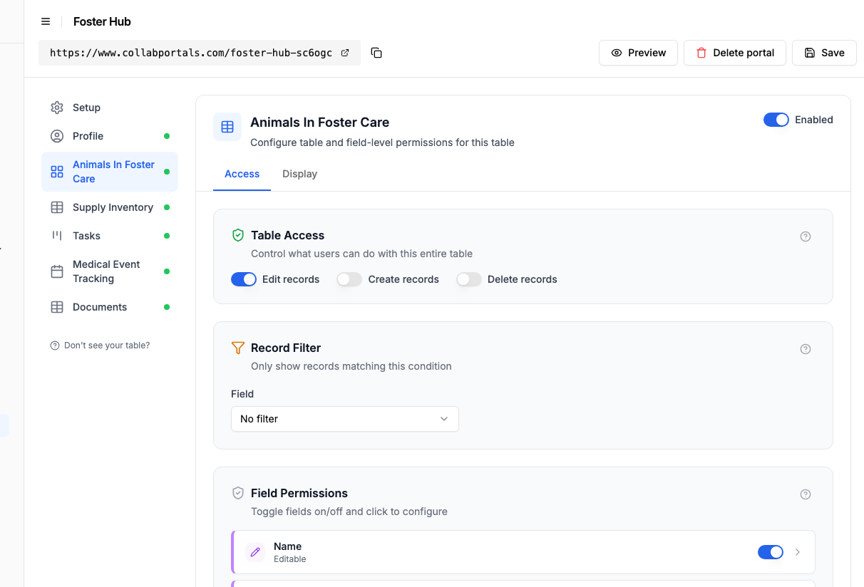 Access settings for the Animals In Foster Care table with edit enabled