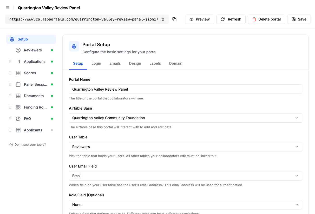 Portal setup screen with the review panel base connected and the Reviewers table chosen as the user table