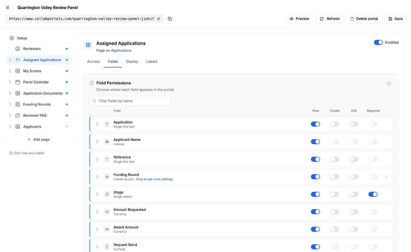 The Fields tab for the Assigned Applications page, with reviewers seeing each application read-only