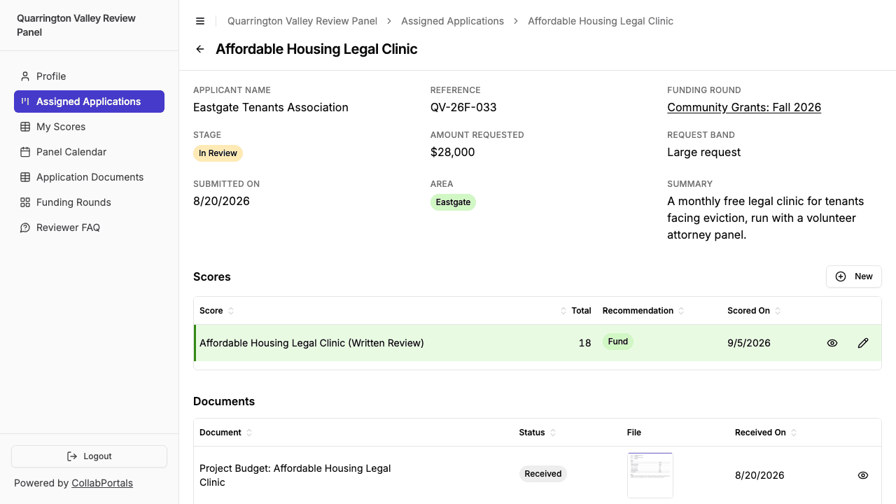 An application page in the reviewer portal, with the reviewer's own score and the application's documents listed under its details