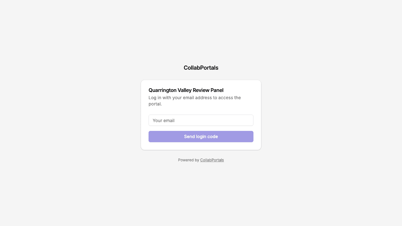The portal login screen asking for an email address to receive a login code