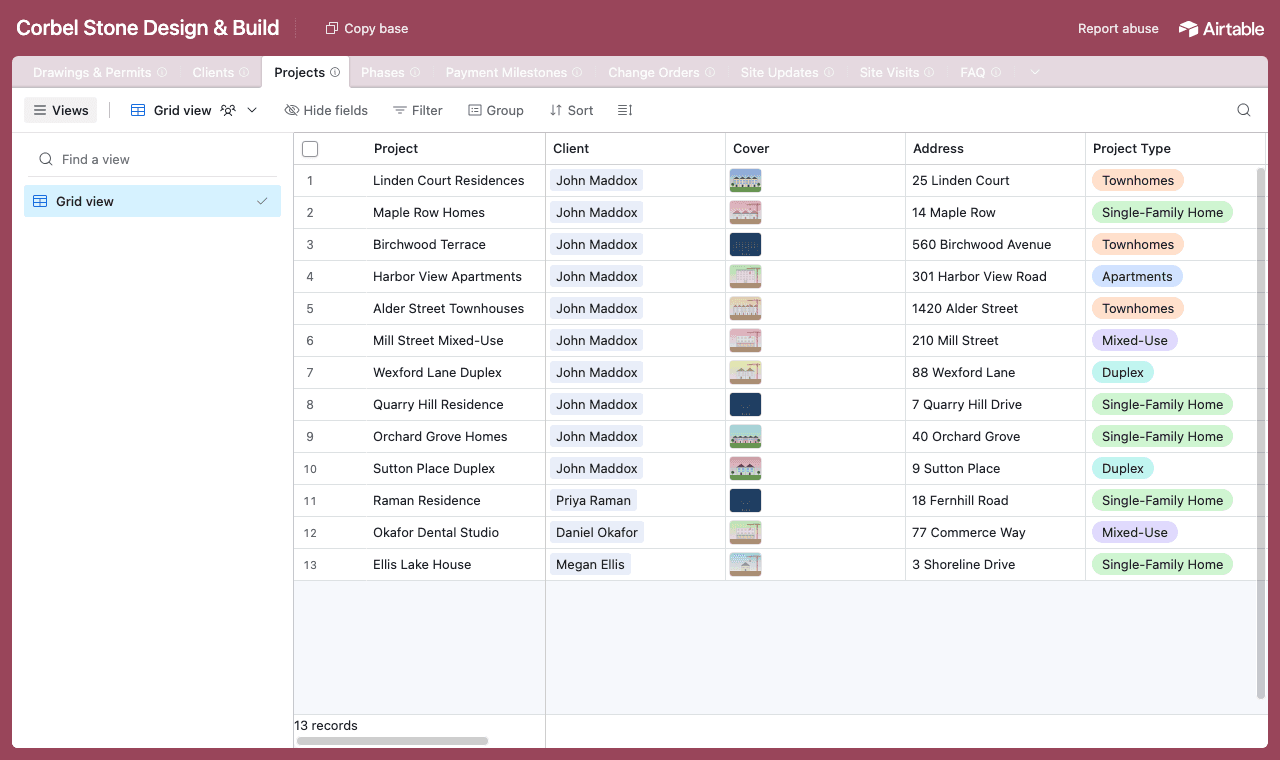 The construction Airtable base with the Projects table open, showing each project's client, cover image, address and project type