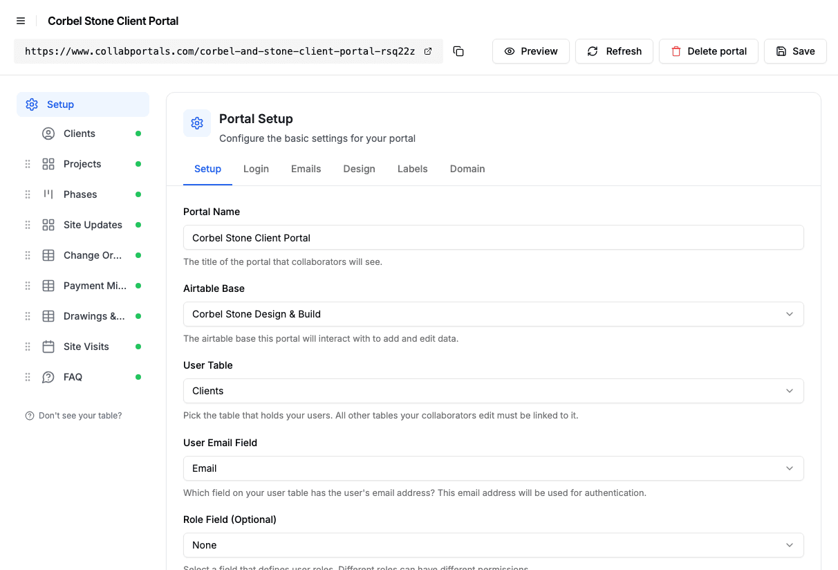 Portal setup screen with the construction base and the Clients user table selected