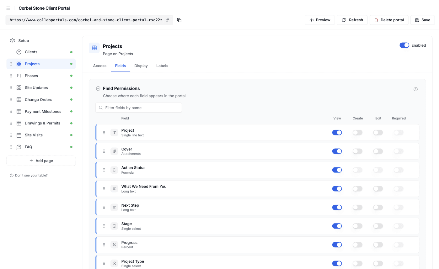 The Fields tab for the Projects page, with project, cover, stage and progress fields shown to clients read-only