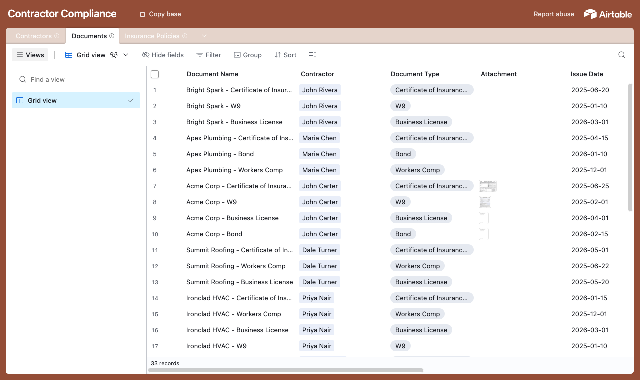 The Contractor Compliance Airtable base with a Documents table linked to contractors