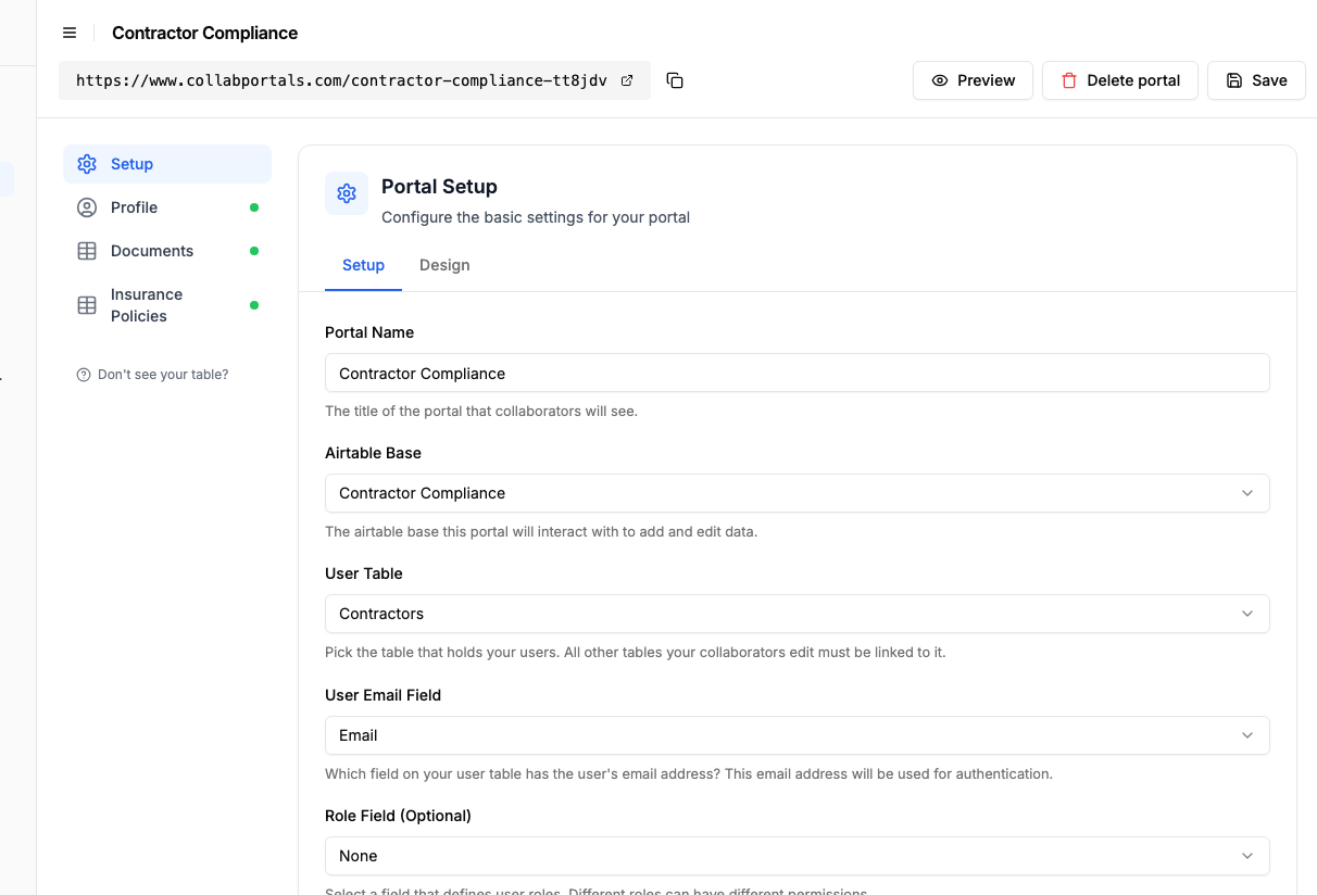 Portal setup screen with the Contractor Compliance base and the Contractors user table selected