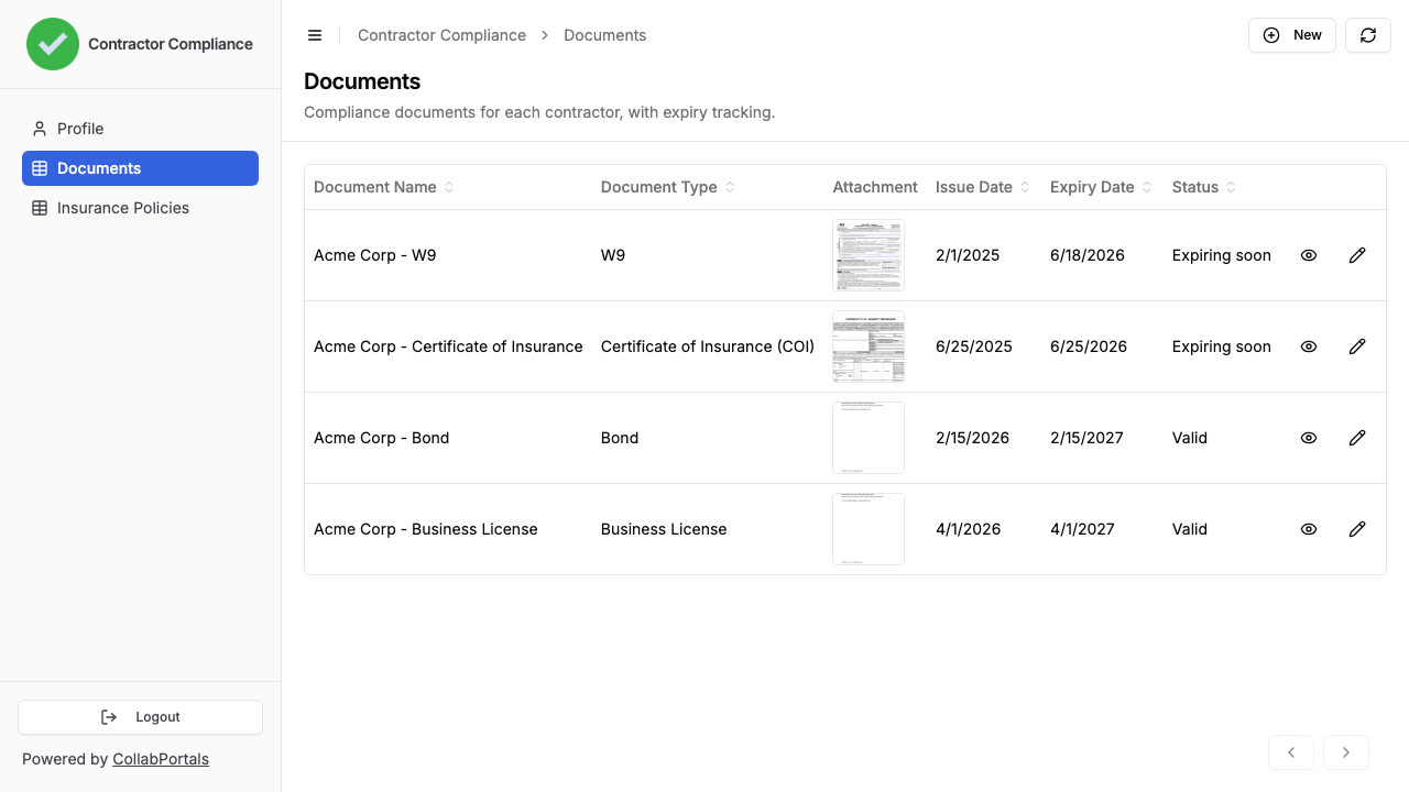 The documents list in the portal, with a live Valid or Expiring soon status on each row