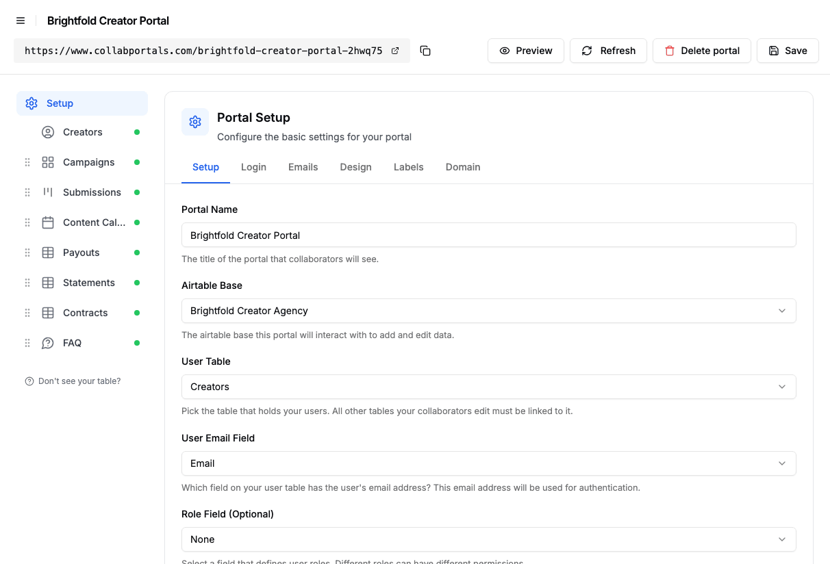 Portal setup screen with the creator agency base and the Creators user table selected
