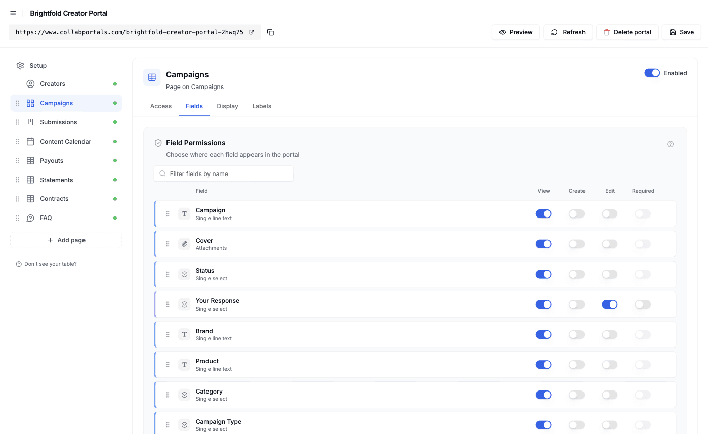 The Fields tab for the Campaigns page, with campaign details read-only and Your Response editable