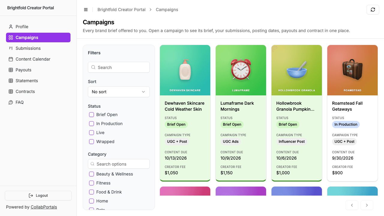 The Campaigns gallery in the creator portal, with three open briefs tinted green at the top, each card showing status, campaign type, content due date and creator fee
