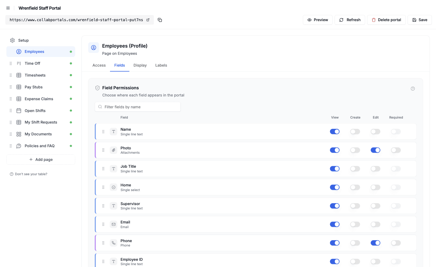 The Fields tab for the Employees profile page, with photo and phone editable and the rest read-only