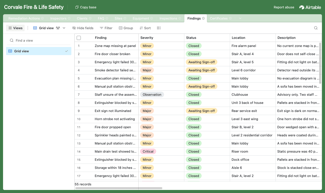 The inspection Airtable base showing the Findings table with each finding's severity, status, location and description