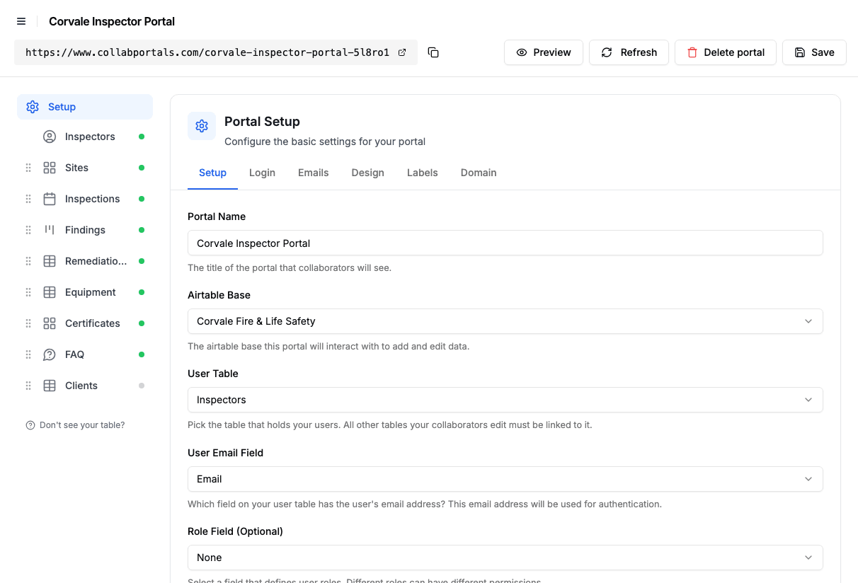 Portal setup screen with the inspection base and the Inspectors user table selected