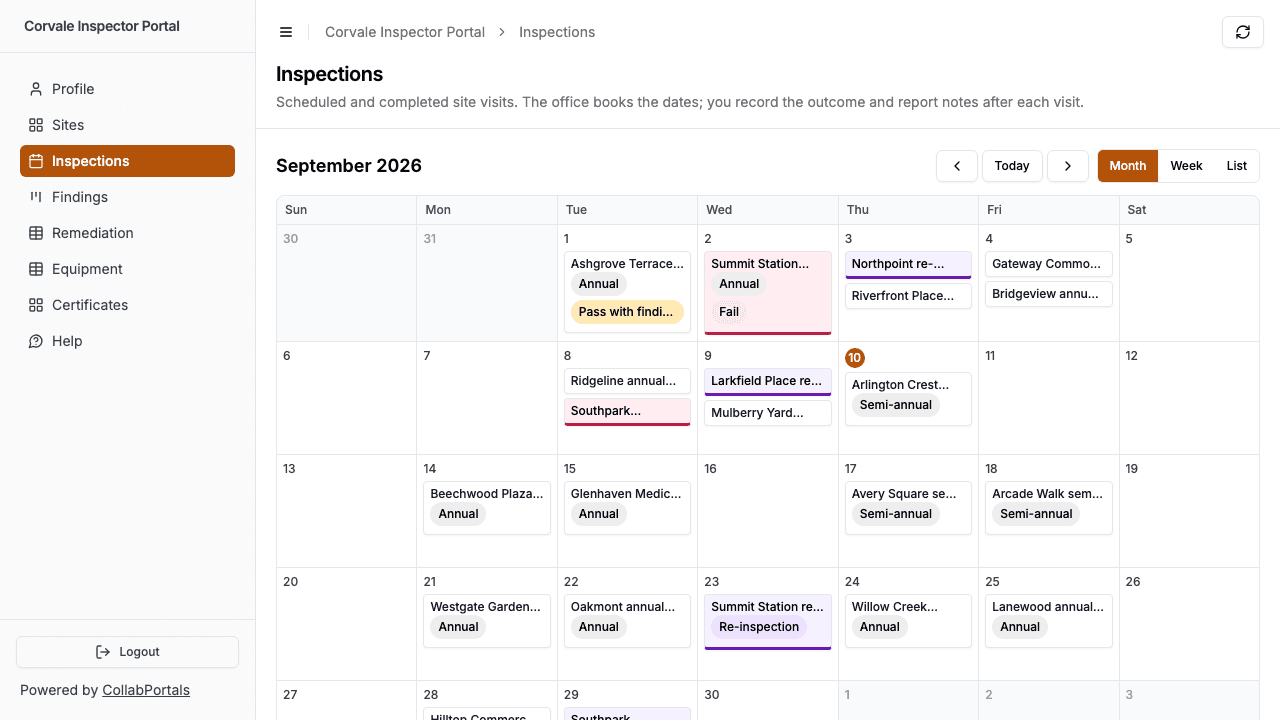 The Inspections calendar in the portal with a failed visit highlighted red and re-inspections highlighted purple
