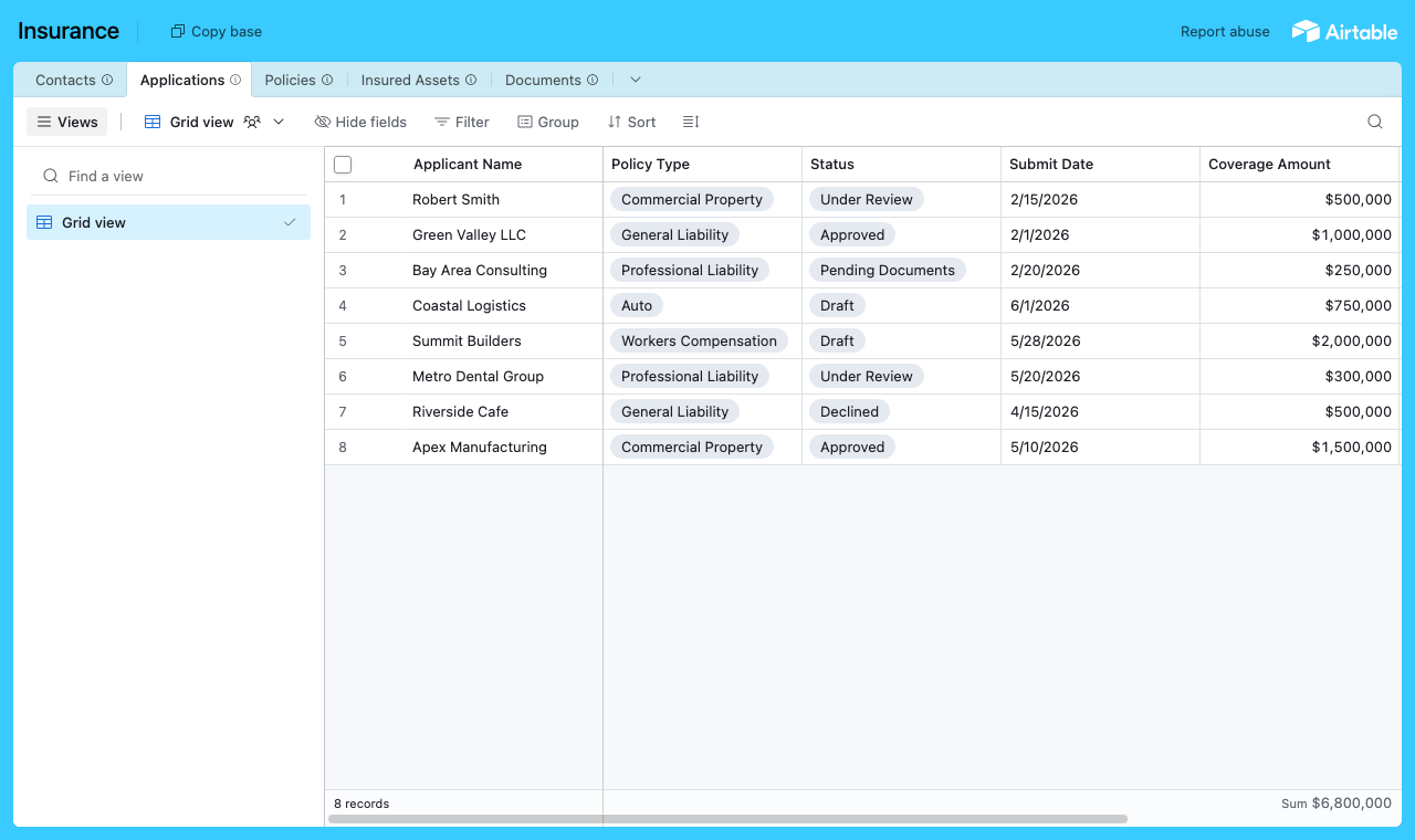The Insurance Airtable base with an Applications table linked to contacts