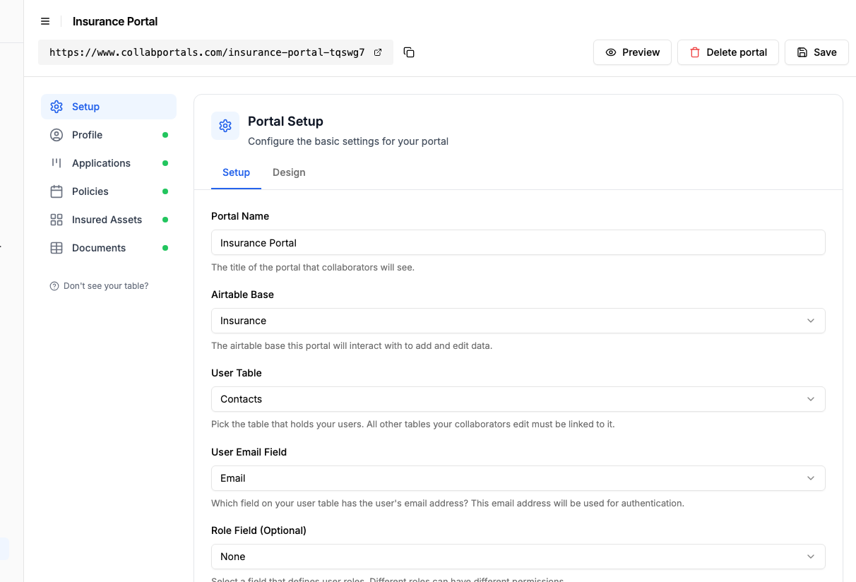 Portal setup screen with the Insurance base and the Contacts user table selected
