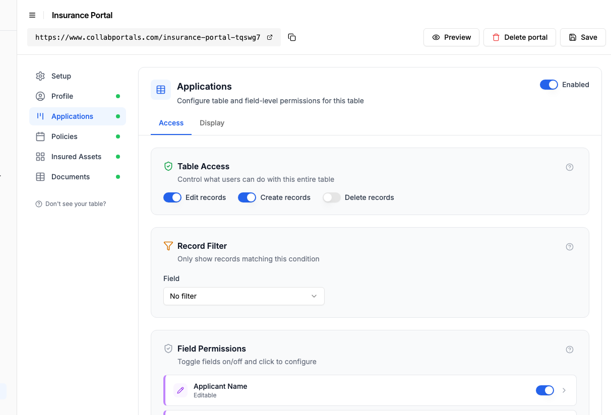 Access settings for the Applications table with create and edit enabled and delete off