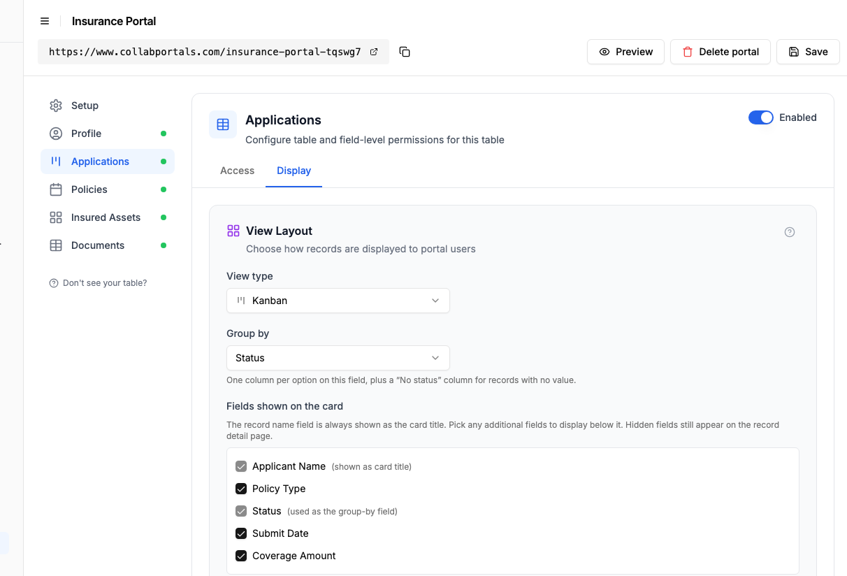View layout settings showing the Applications table set to a kanban grouped by status