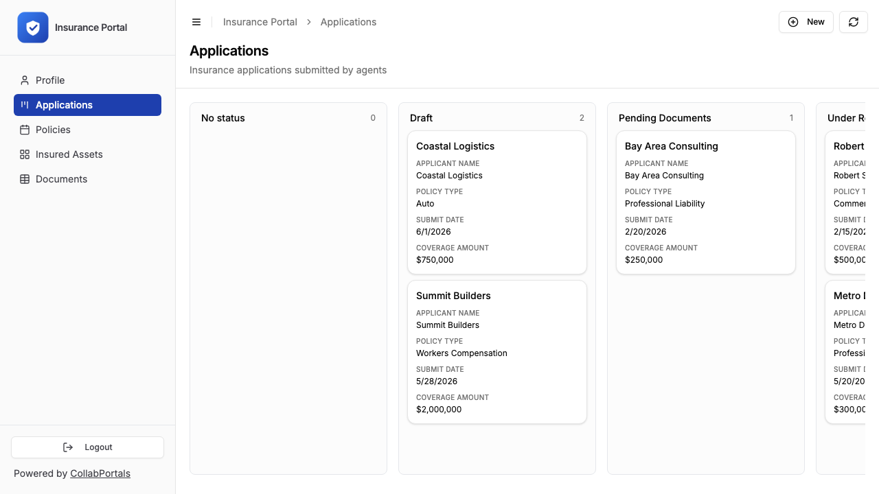The applications board in the portal, shown as a kanban grouped by status with coverage amount on each card