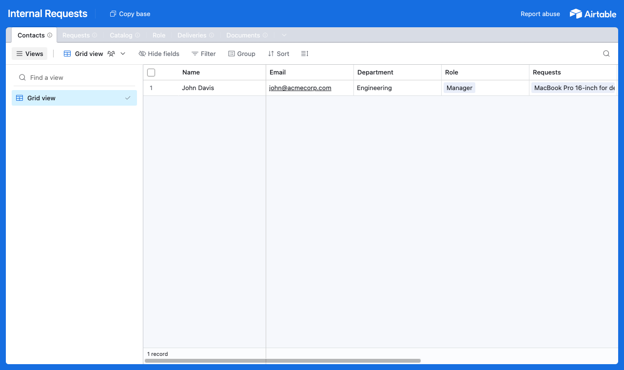 The Internal Requests Airtable base with tables for requests, catalog, deliveries, documents and contacts