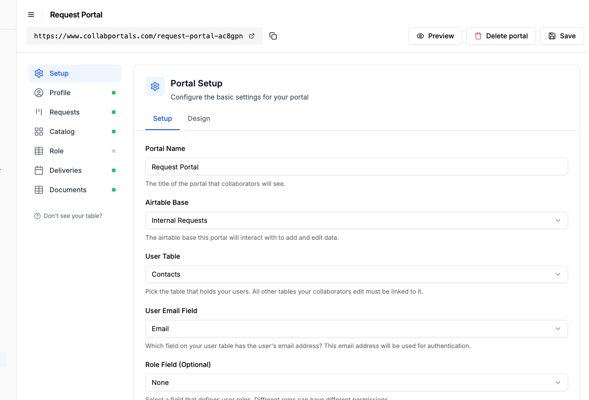 Portal setup screen with the Internal Requests base and the Contacts user table selected
