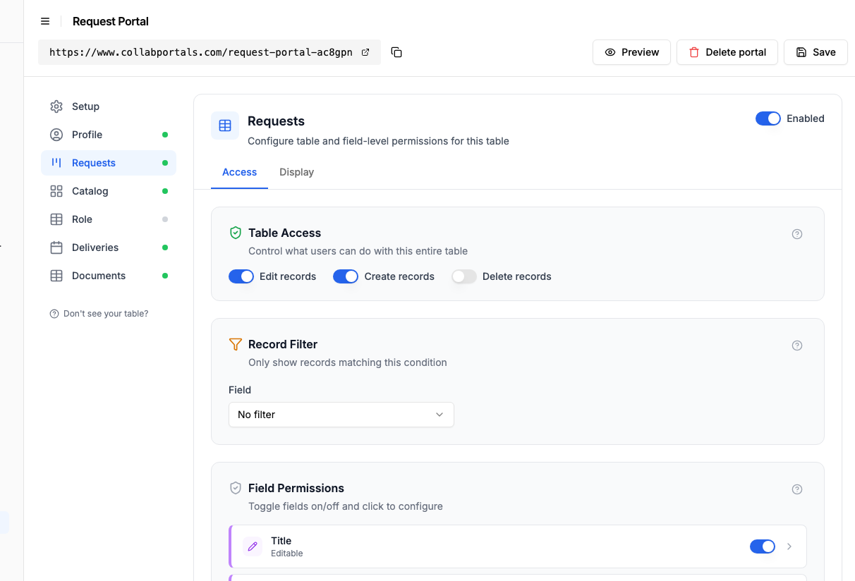 Access settings for the Requests table with create and edit enabled and delete off
