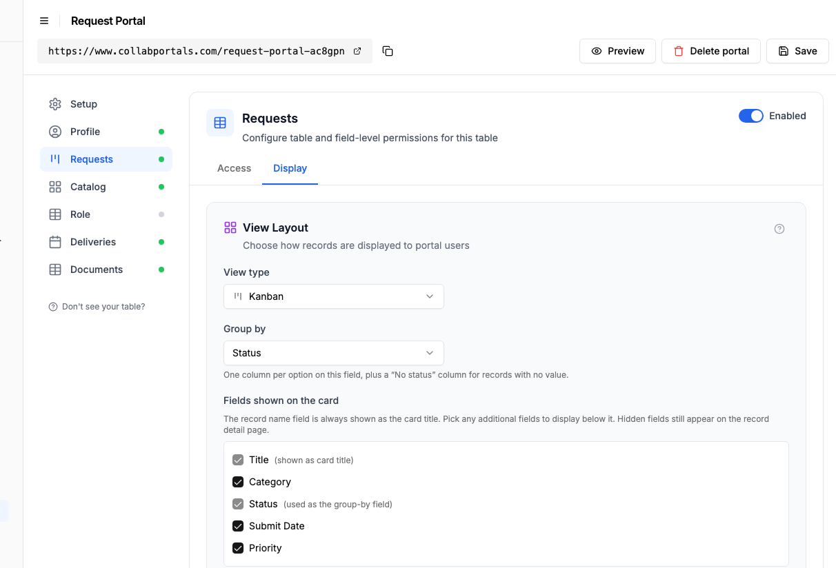 View layout settings showing the Requests table set to a kanban grouped by status