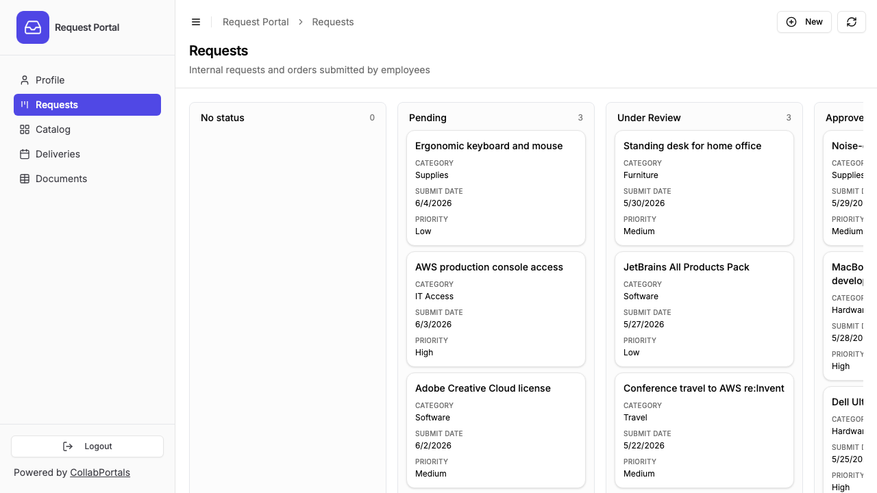The requests board in the portal, shown as a kanban grouped by status