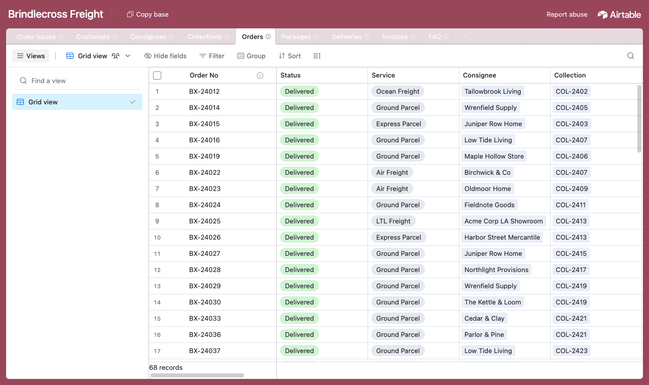 The freight forwarder's Airtable base with the Orders table open, showing each order's status, service, consignee and collection