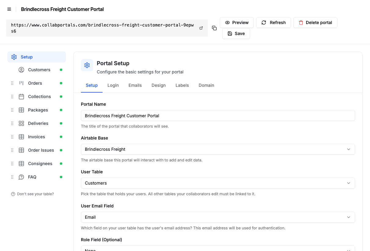 Portal setup screen with the freight base and the Customers user table selected