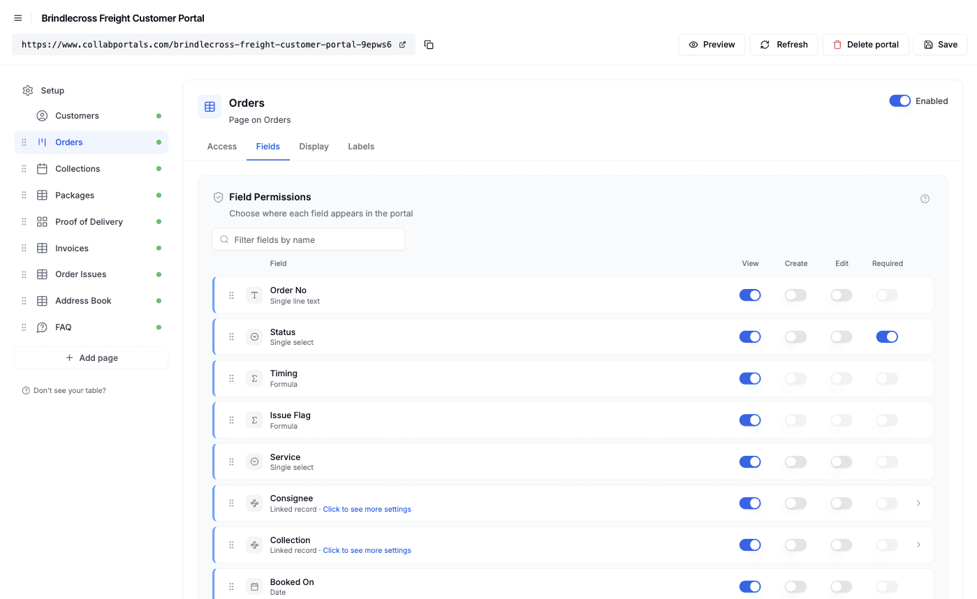 The Fields tab for the Orders page, with the tracking fields shown to customers read-only