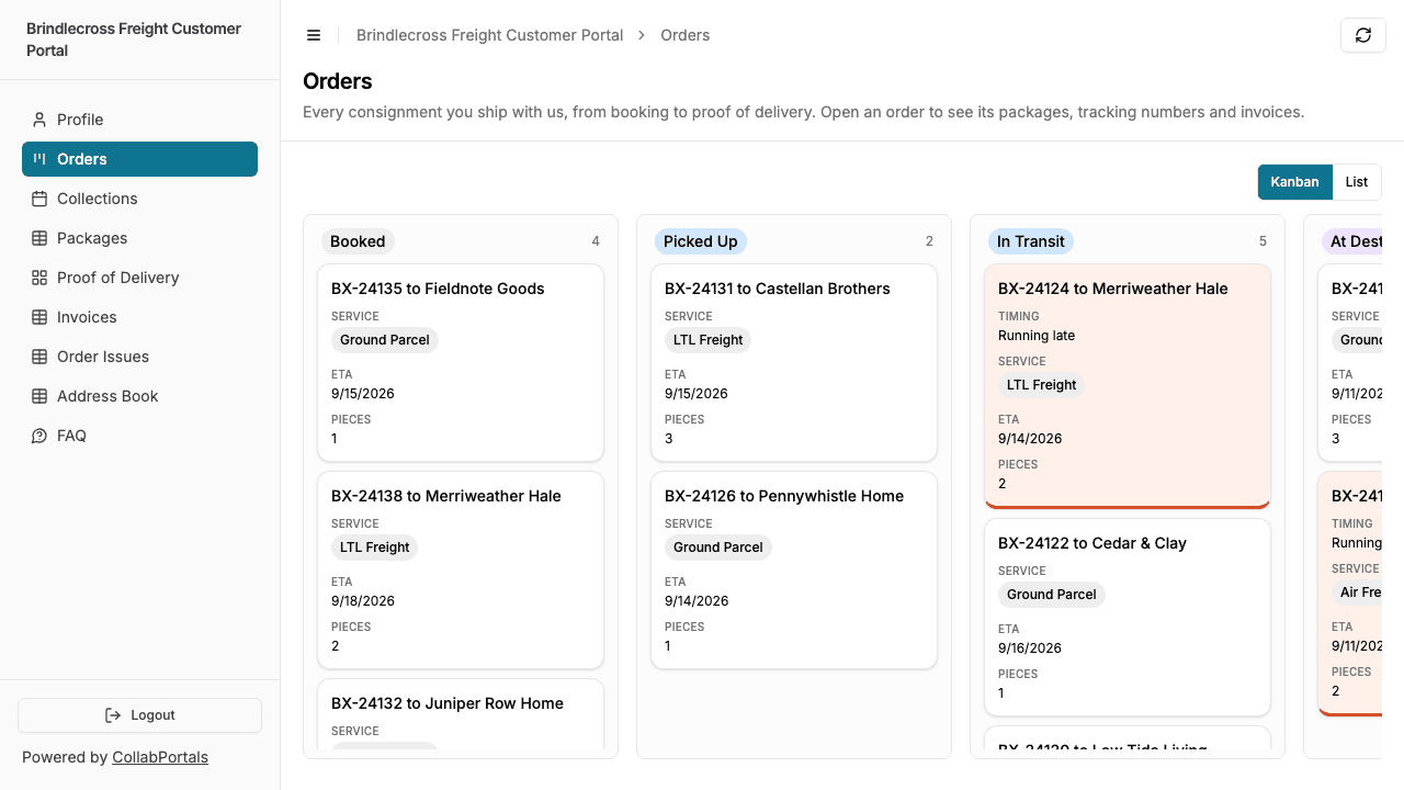 The Orders board in the customer portal, grouped by status from Booked to In Transit, with a running-late order tinted orange