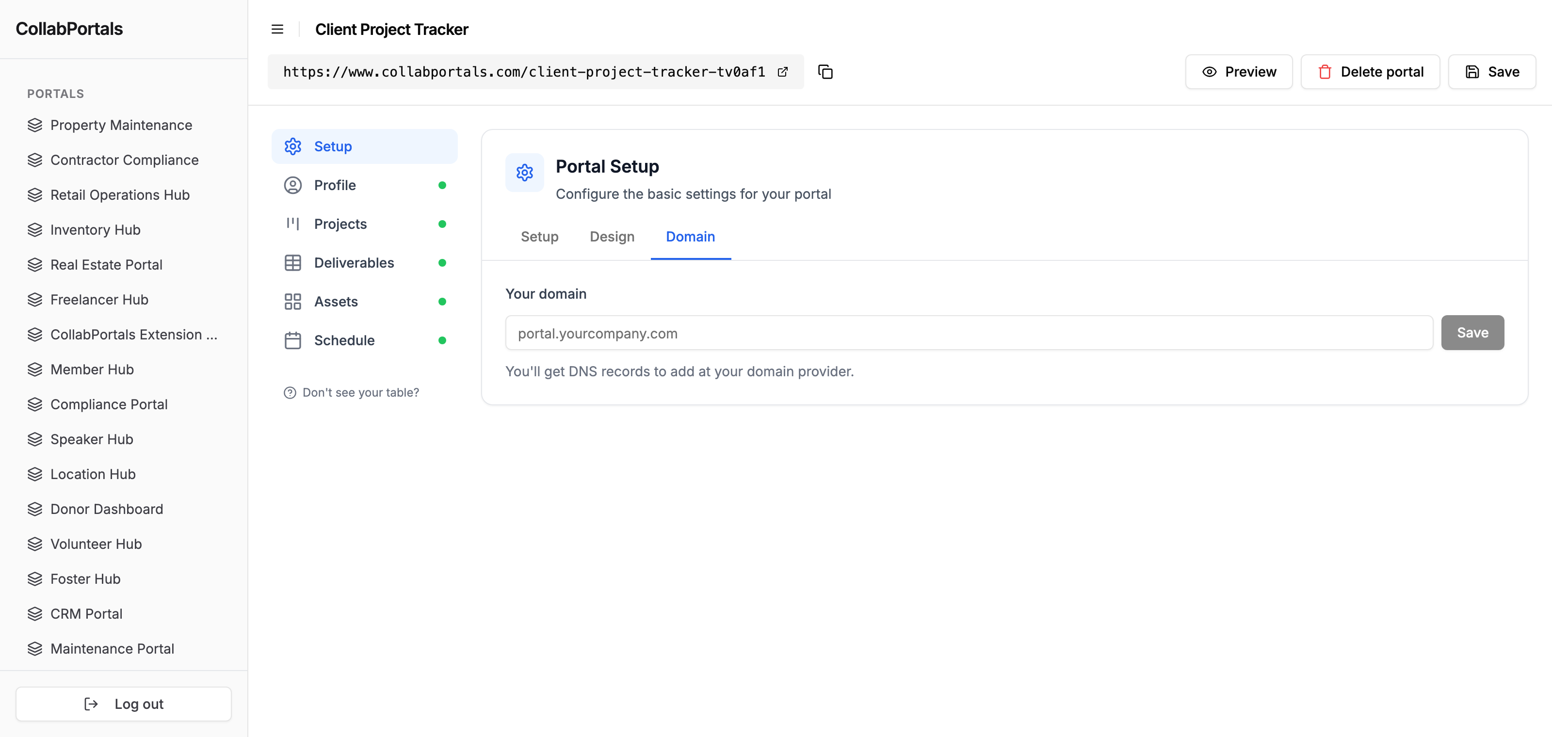 The portal admin Domain tab with a field to enter your domain and a Save button