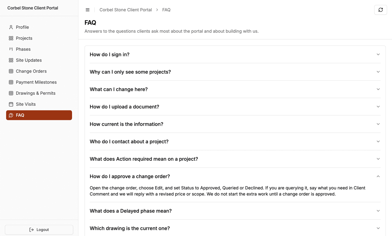 A construction client portal with an FAQ page open, showing questions such as How do I sign in and Why can I only see some projects, with How do I approve a change order expanded to show its answer