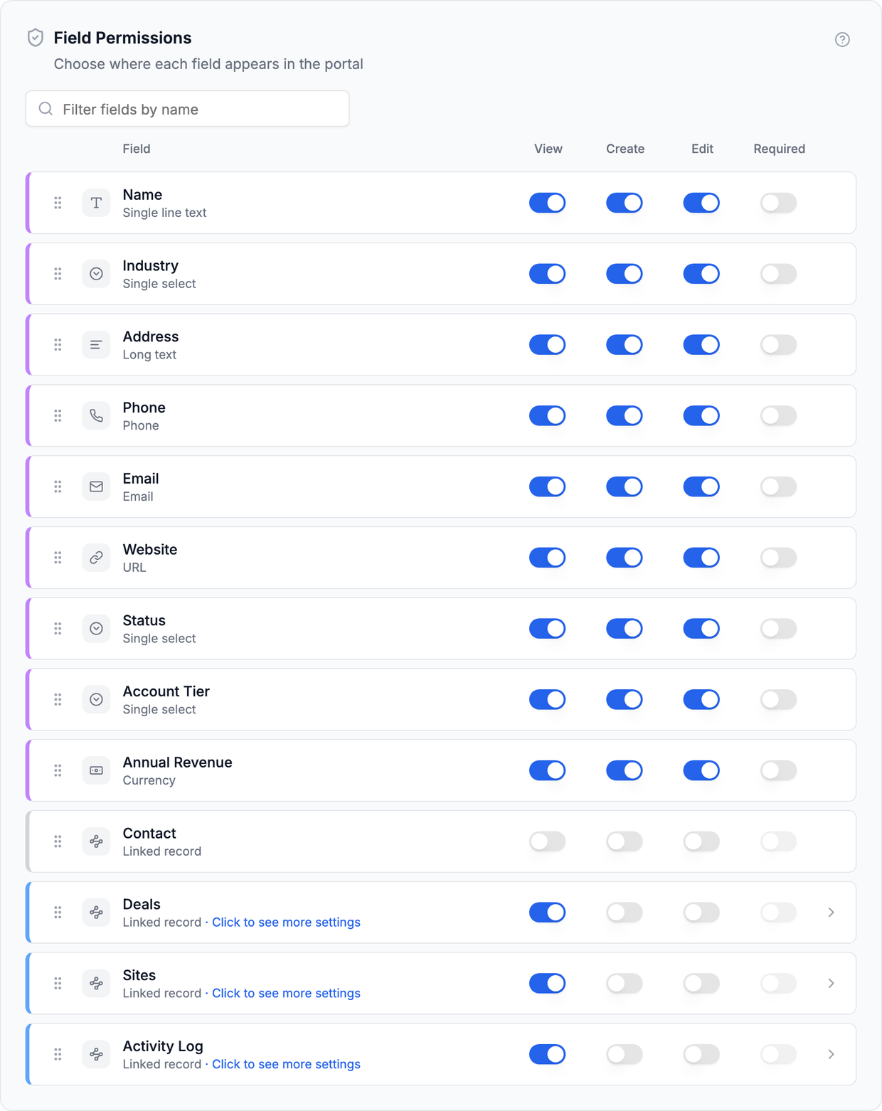 The Field Permissions list for a Companies table, with View, Create, Edit and Required switches on each field row and a drag handle to the left of each field name
