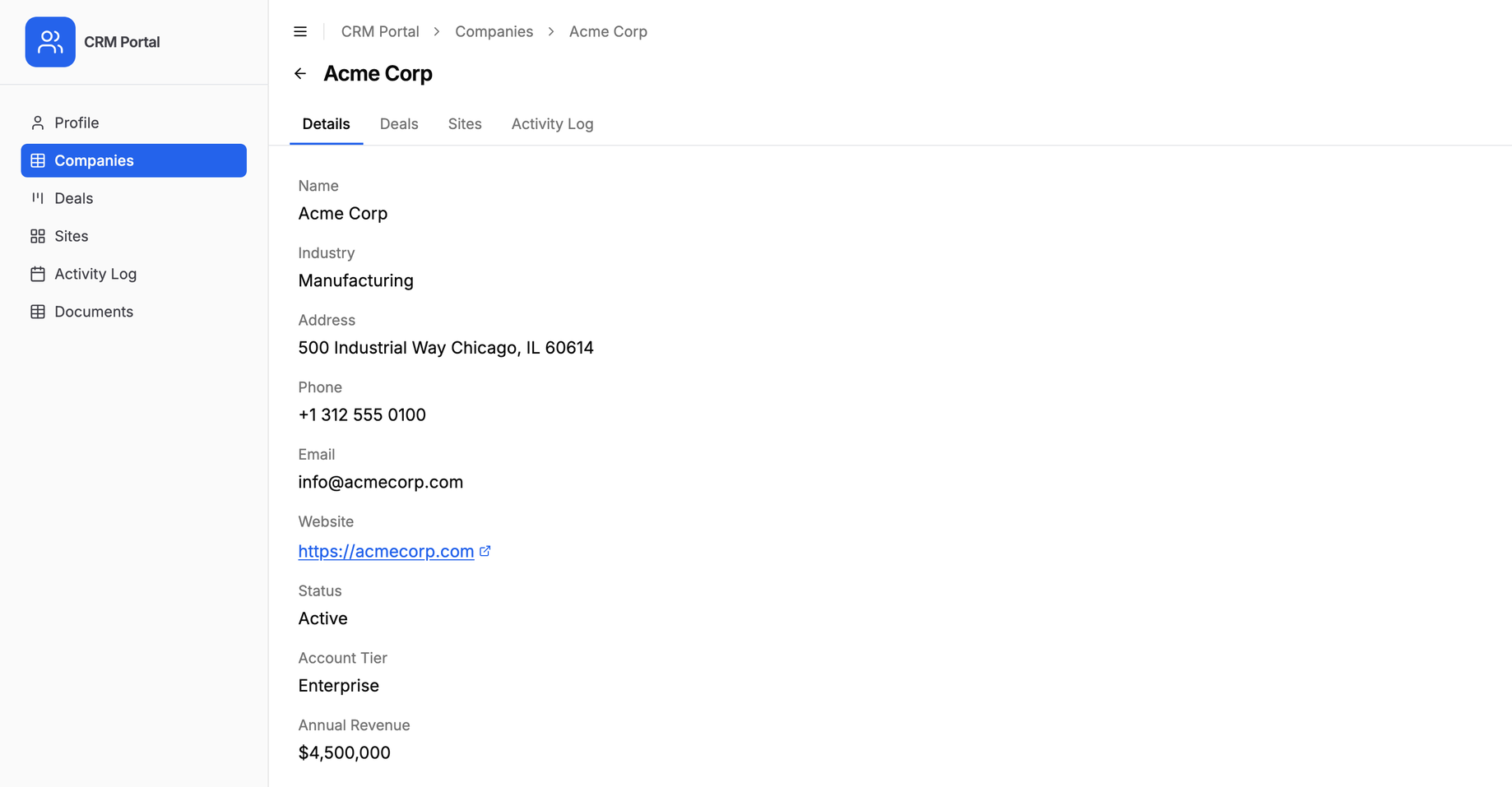 A portal record detail page for Acme Corp listing Name, Industry, Address, Phone, Email, Website, Status, Account Tier and Annual Revenue in the same order as the admin field list